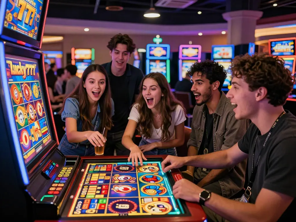 Lucky777 friends enjoying a lively gaming experience at a colorful slot machine in a casino.