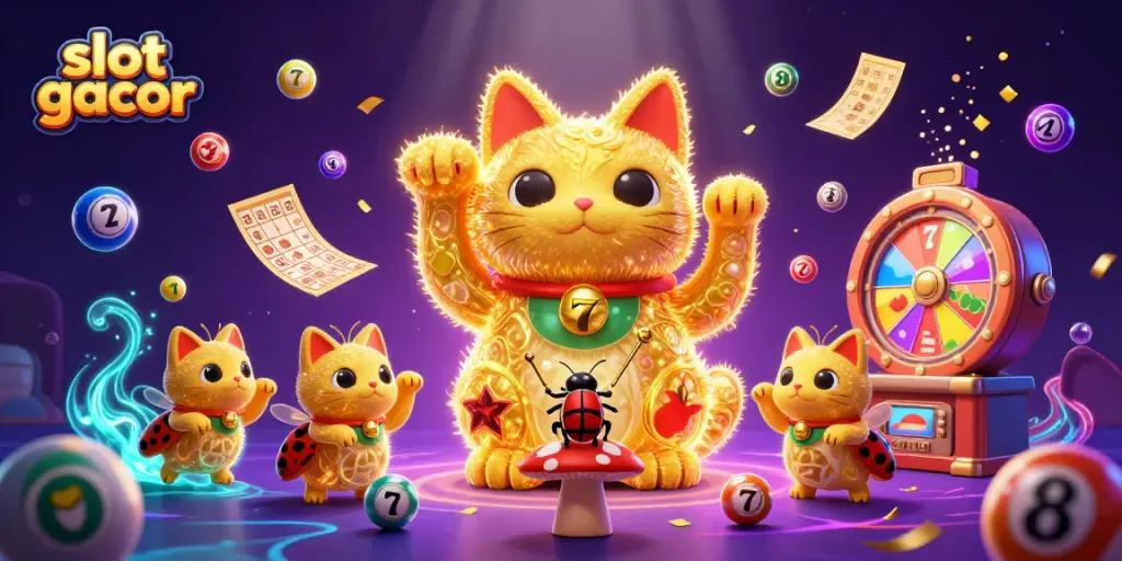 Engaging scene of slot gacor represented by a lucky cat with casino symbols and colorful elements.