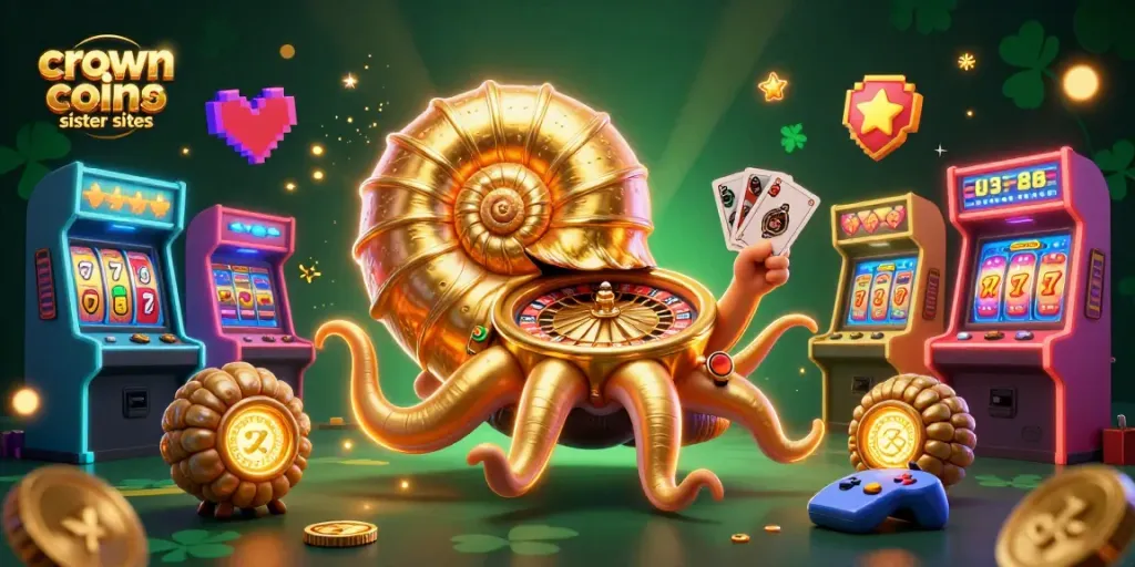 Discover crown coins casino sister sites with vibrant casino-themed 3D illustration featuring a nautilus roulette.