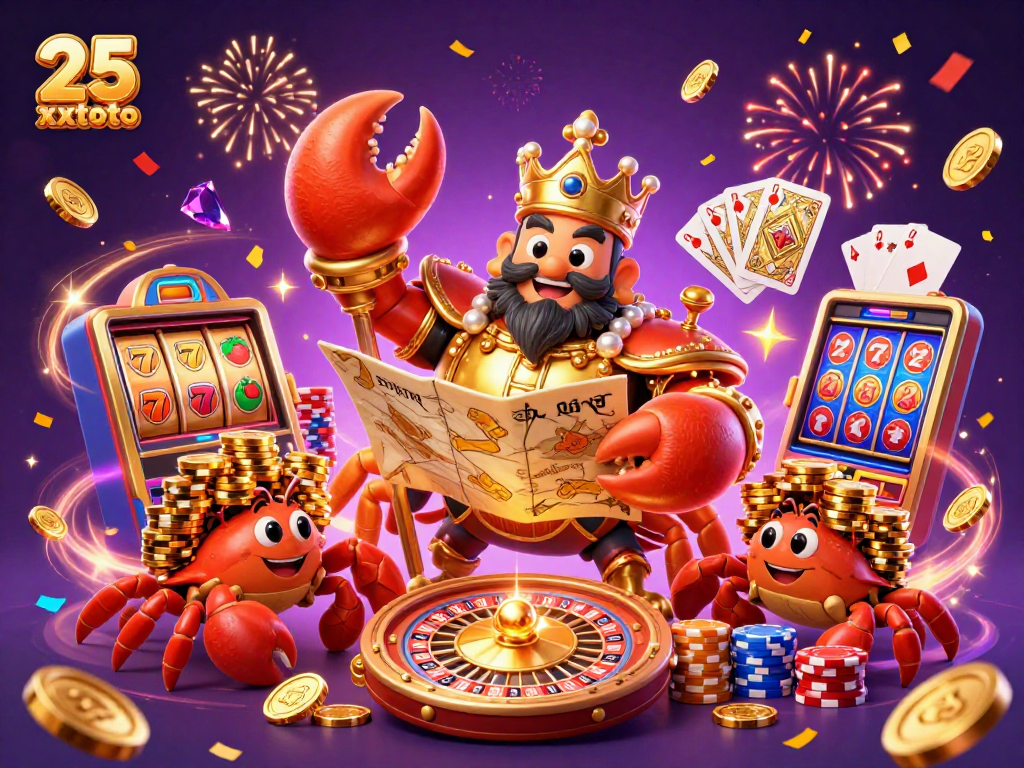 Menangkan hadiah besar dengan 25 xxtoto, gambarkan suasana kasino dengan kepiting emas raksasa dan kerumunan koin berkilau.