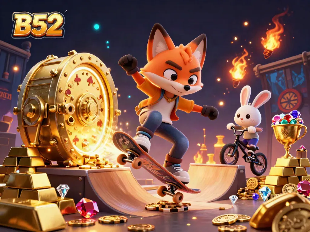 Engage in thrilling casino experiences with B52 in this vibrant skatepark scene filled with golden treasures.