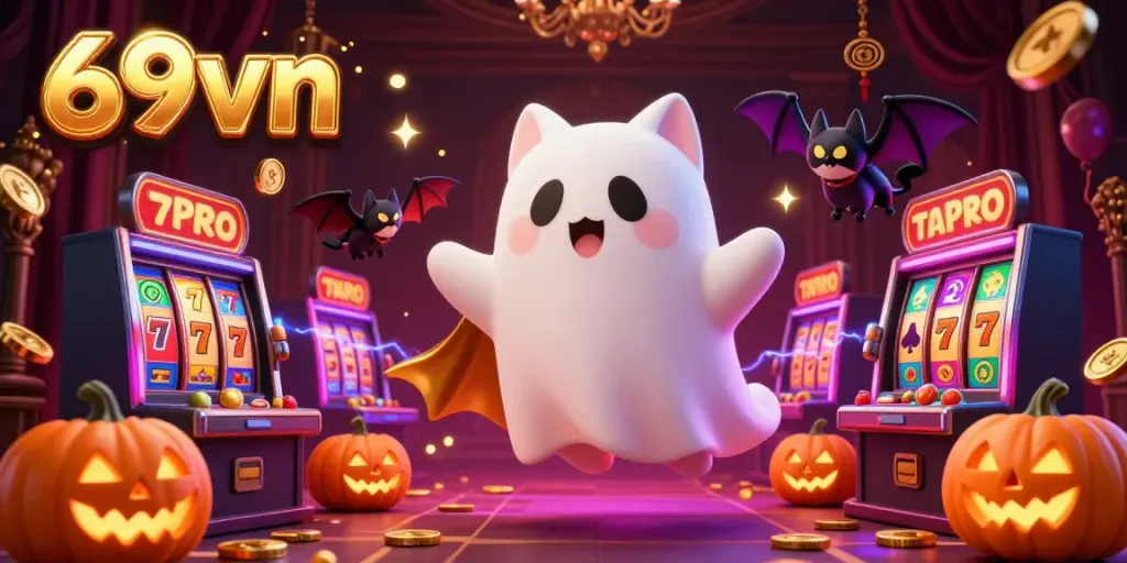 Join the fun at 69vn as a friendly ghost cat floats through a lively casino.