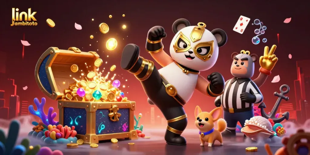 Experience the thrill of gaming with link jambitoto in this vibrant 3D illustration of a dynamic wrestling match.