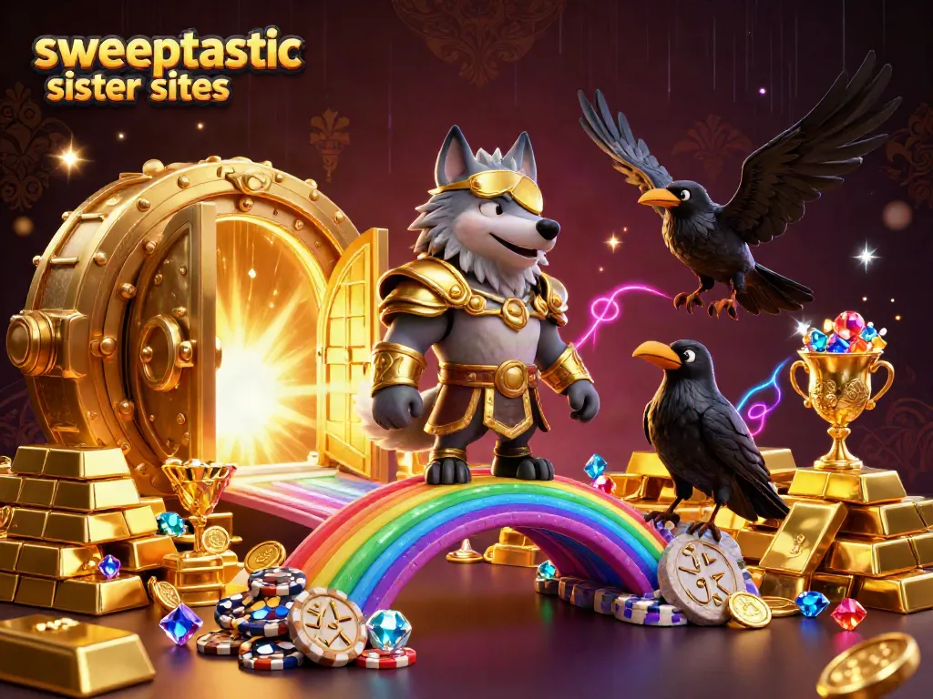 Engage with Sweeptastic sister sites featuring Odin and ravens before a casino bridge.