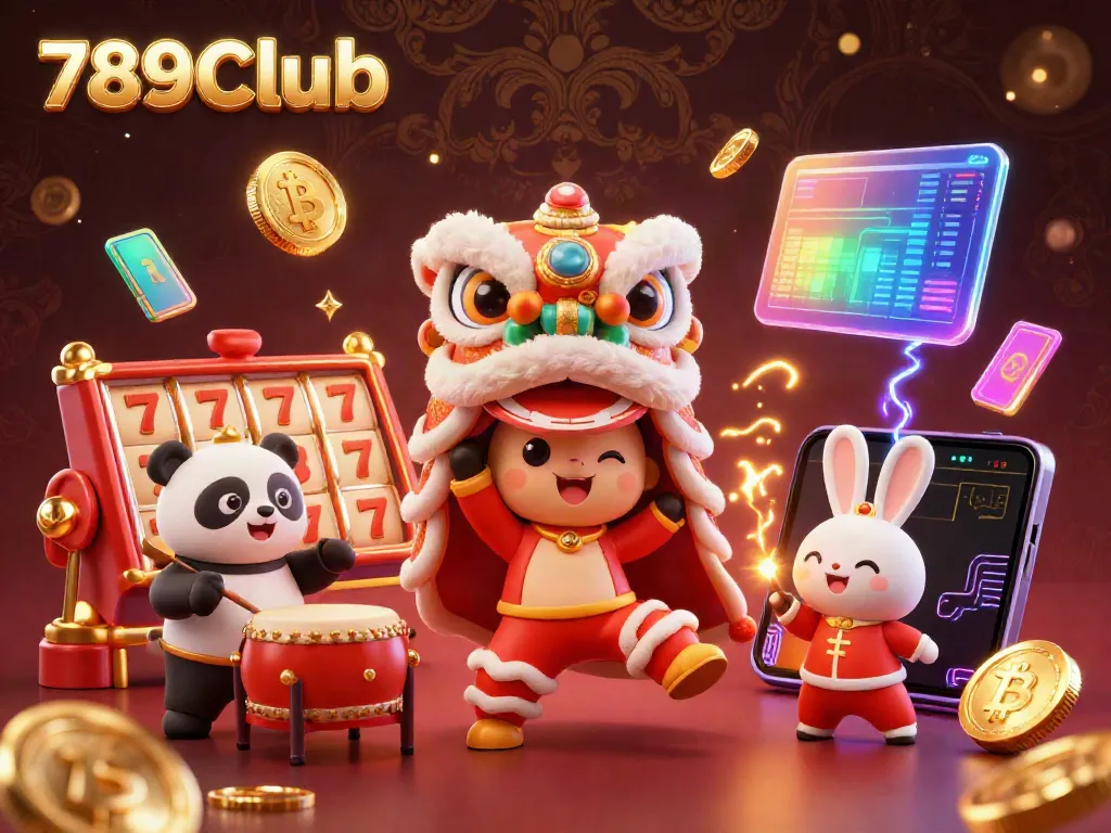 Engage with 789Club's vibrant 3D casino scene featuring festive lion dancing and lively gambling elements.