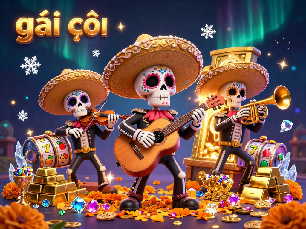 Experience the vibrant world of gái gọi in this detailed casino-themed illustration, featuring festive mariachi skeletons and rich treasures.