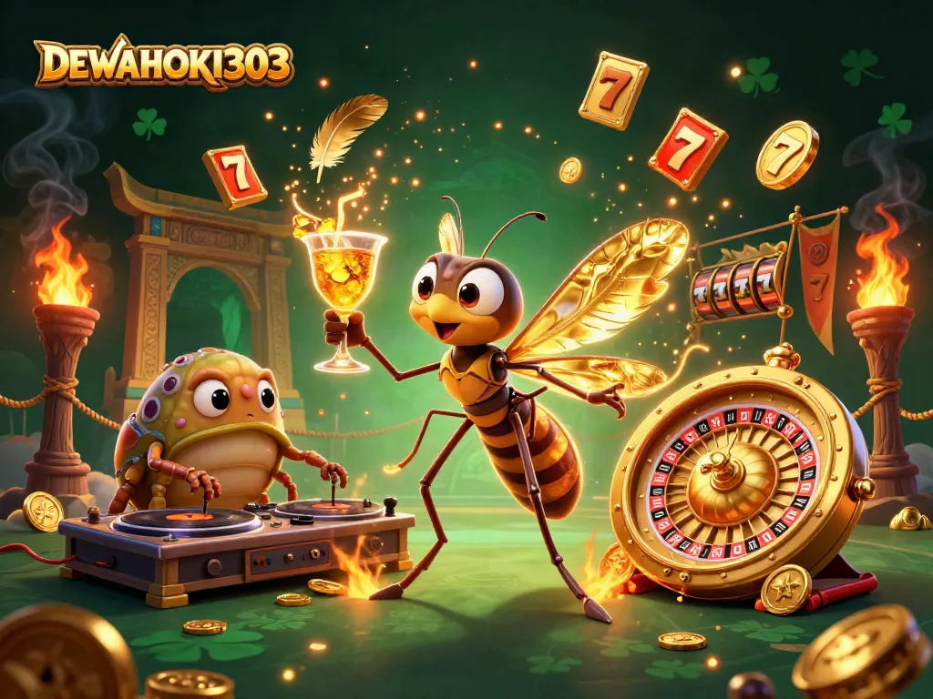 DEWAHOKI303, mengamati simbol keberuntungan dan slot berputar di kasino digital.