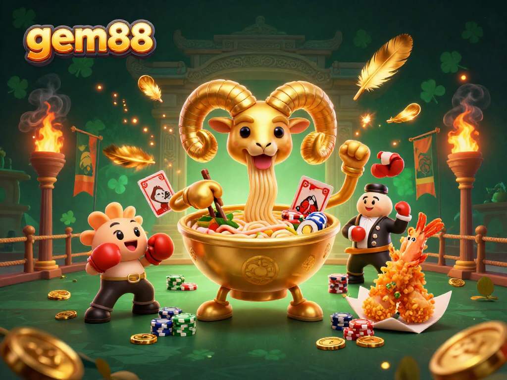 gem88 showcases a vibrant scene with a golden ramen bowl dealer amidst dynamic casino elements.