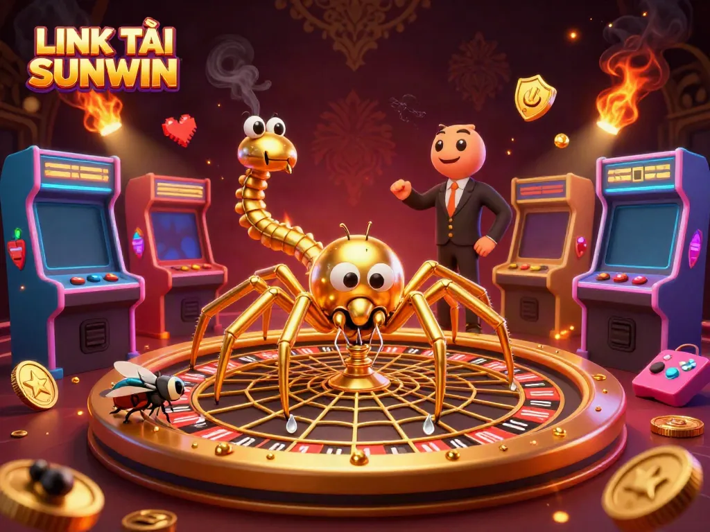 Engage with LINK TẢI SUNWIN through a vibrant 3D casino-inspired scene featuring a spider croupier.