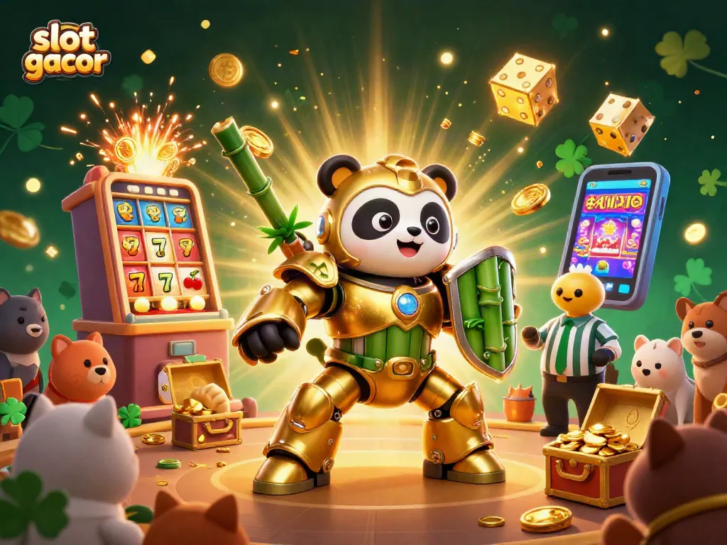 Slot gacor menunjukkan panda emas bertarung di kasino, dikelilingi mesin slot dan efek kemenangan.