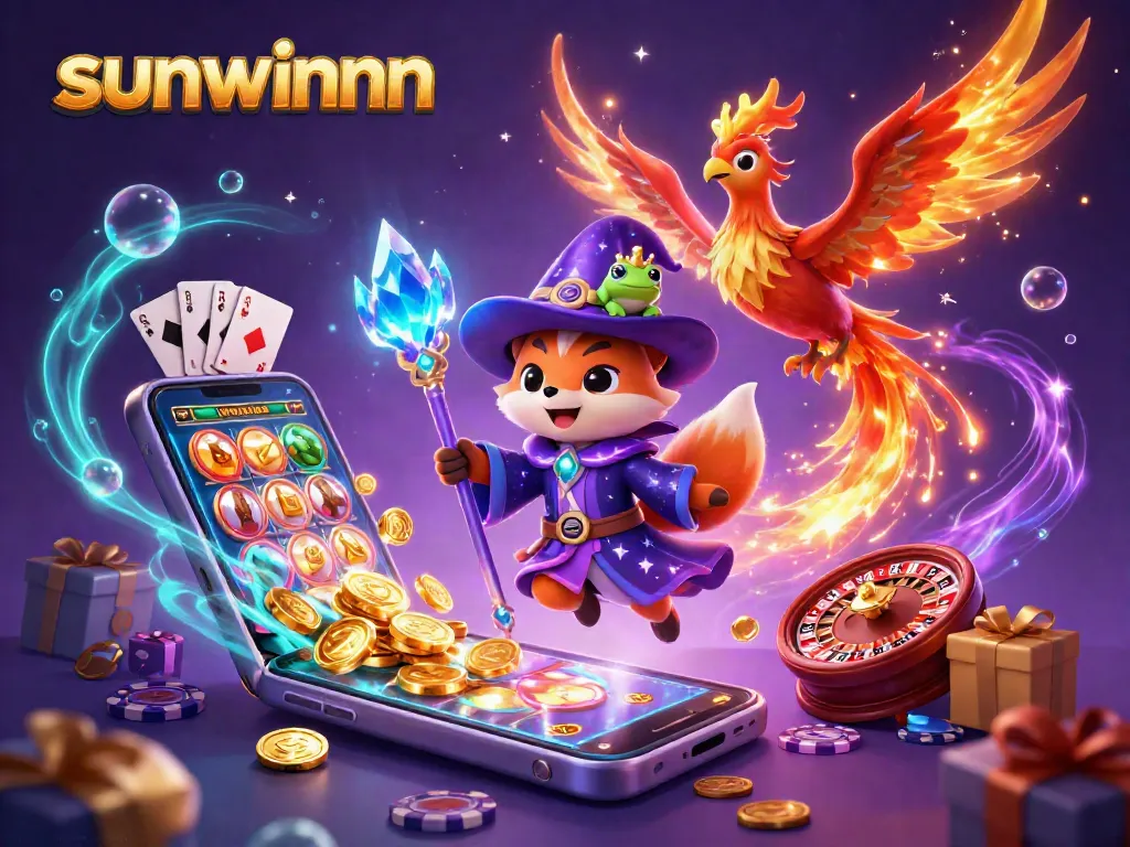 Play exciting slot games with sunwinnn, featuring a colorful smartphone and magical characters.