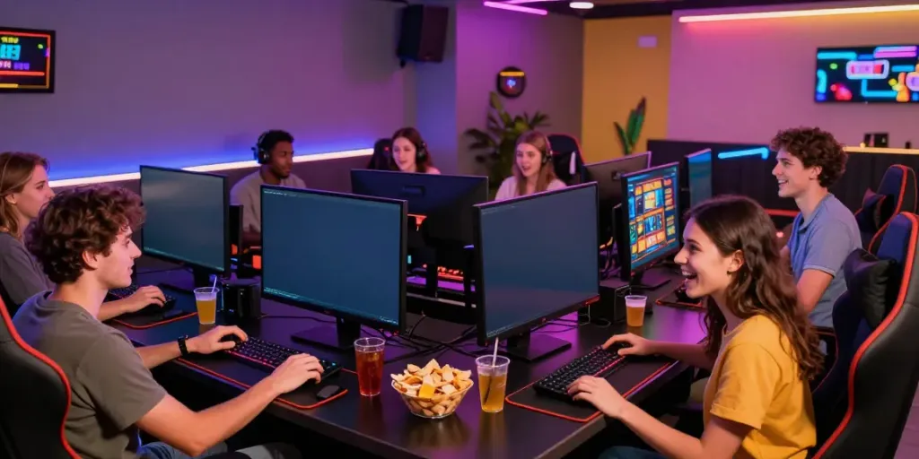 Luxury12 gaming lounge with friends enjoying slot games and vibrant atmosphere.