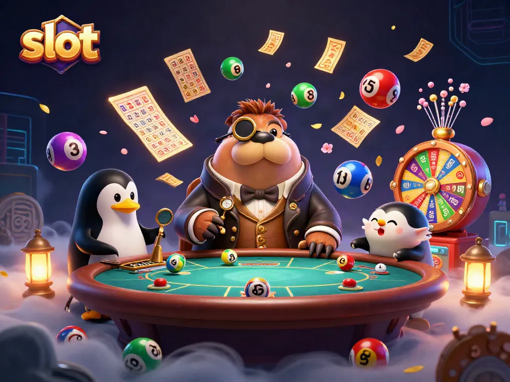 Engage in fun slots with a jolly walrus, sophisticated dealer, and a bluffing pufferfish amidst dynamic casino elements
