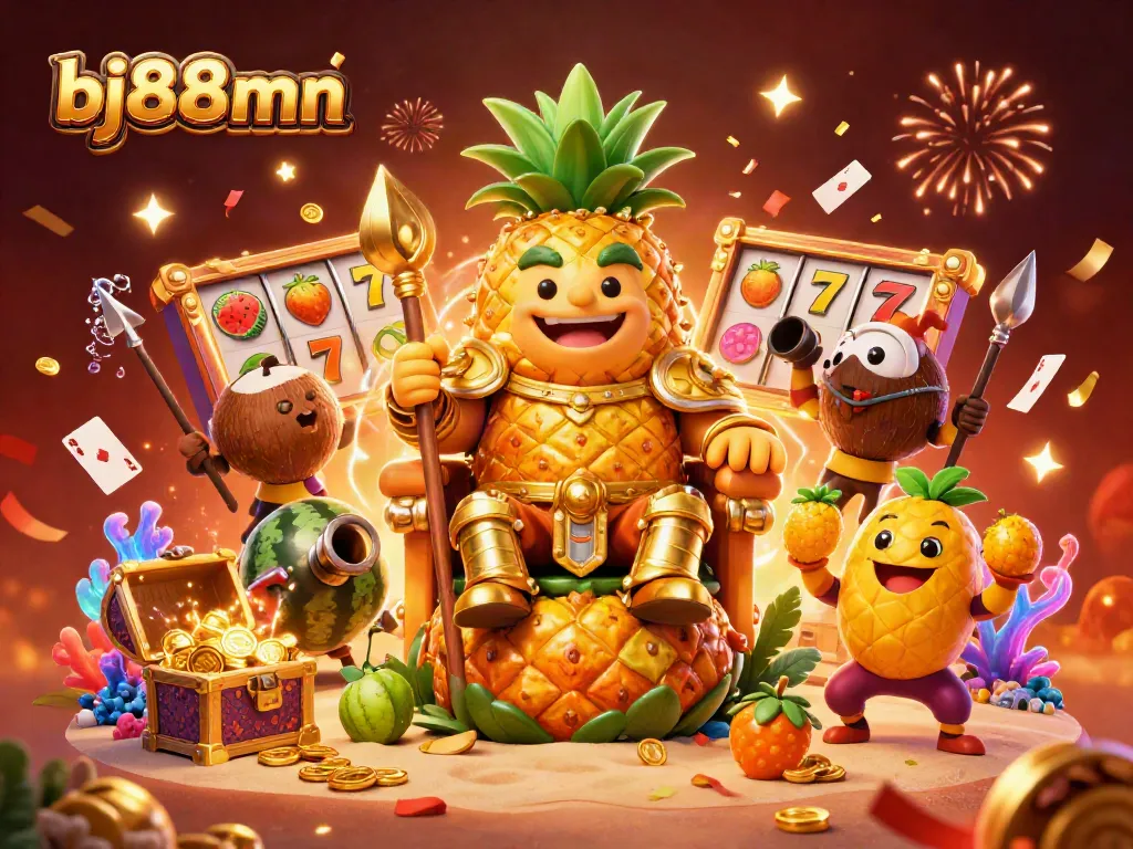 Engage in thrilling gaming adventures at bj88mn with a vibrant casino scene featuring a pineapple king and animated characters.