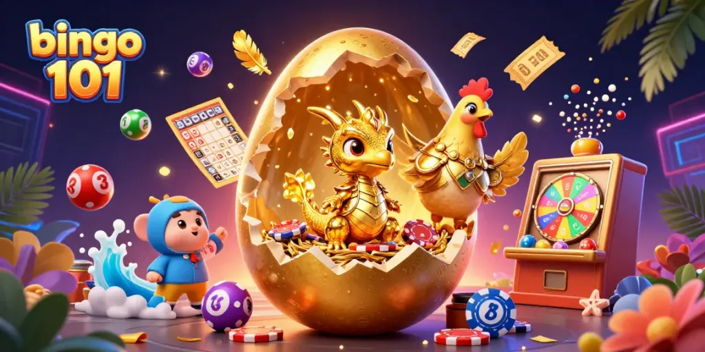 Permainan bingo 101 yang menyenangkan dengan ratusan bola bernomor dan kartu bingo di sekitar telur emas.