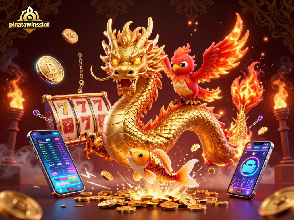 Win big with pinatawinsslot as a golden dragon, phoenix, and koi fish dance among vibrant gaming symbols.