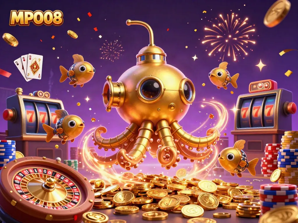 Engage with MPO08's thrilling gaming world, capturing a vibrant scene filled with golden coins and dynamic casino elements.