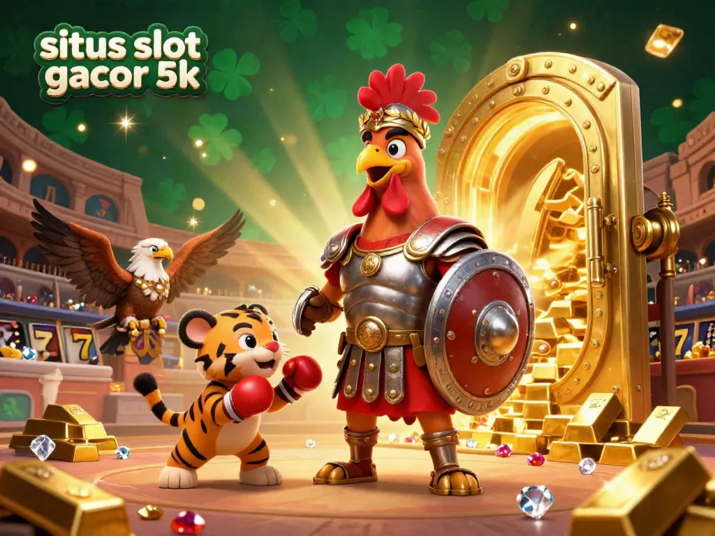 Sparking excitement at situs slot gacor 5k with a cartoon rooster gladiator in a vibrant casino scene.