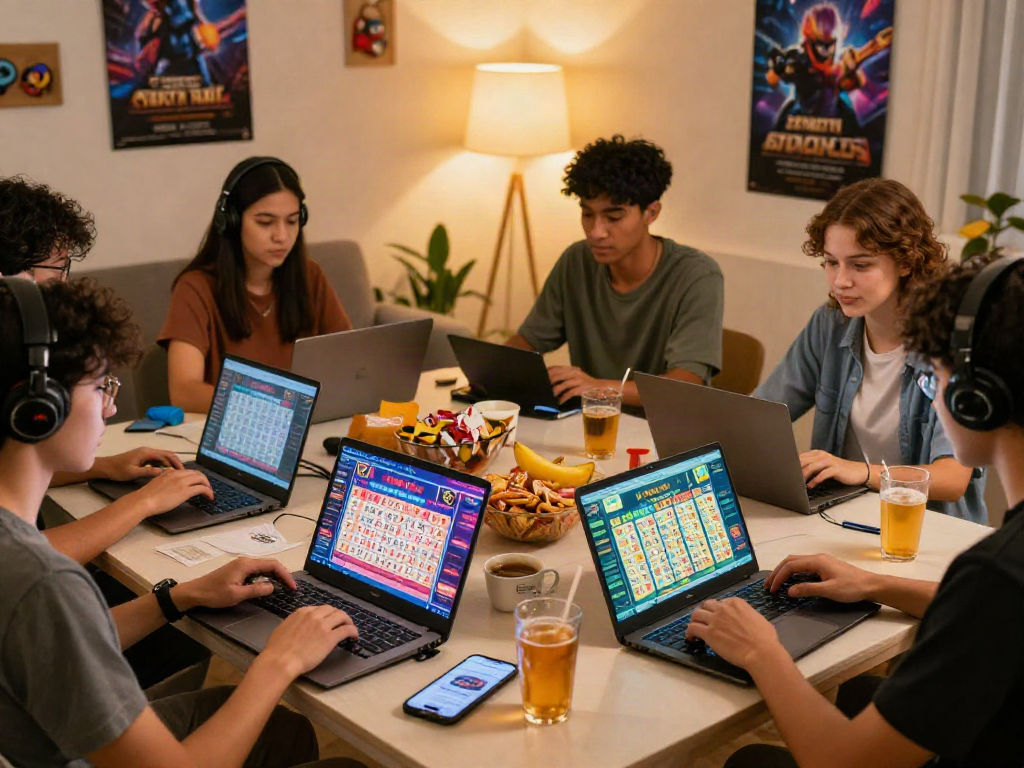 Situs togel gaming friends enjoying a lively lottery night with vibrant screens and snacks.