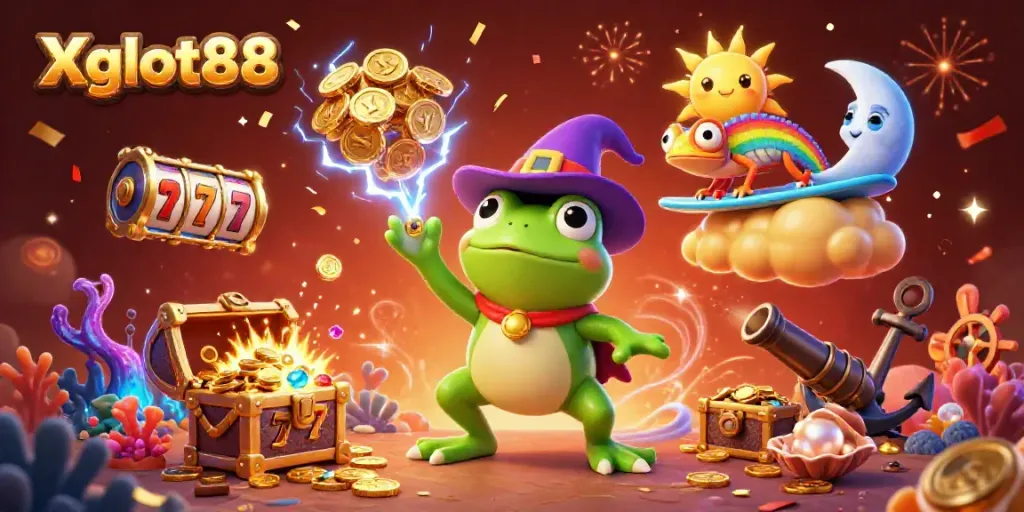 Xgslot88 menghadirkan ilustrasi 3D kartun dengan tokoh si katak penyihir yang menciptakan badai koin emas di tengah suasana kasino meriah.