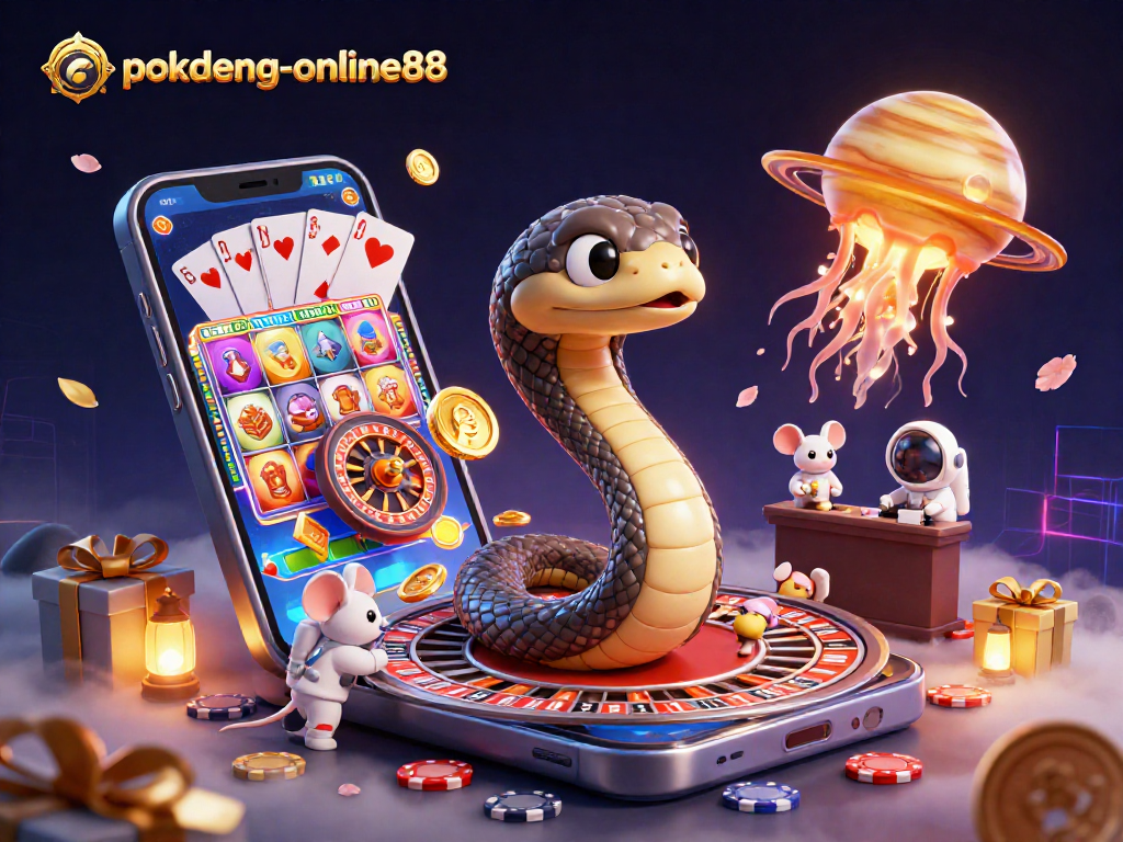 Experience the thrill of PokDeng with dynamic actions in a vibrant cosmic casino scene.
