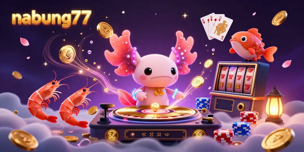 Nabung77 captures an energetic casino scene with a neon axolotl DJ, vibrant shrimp dancers, and flying coins.