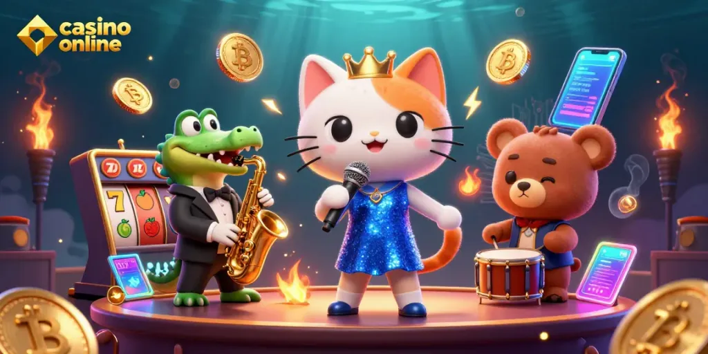 Tampilkan permainan casino online dengan karakter lucu dan tema warna ceria, menarik perhatian pemain.