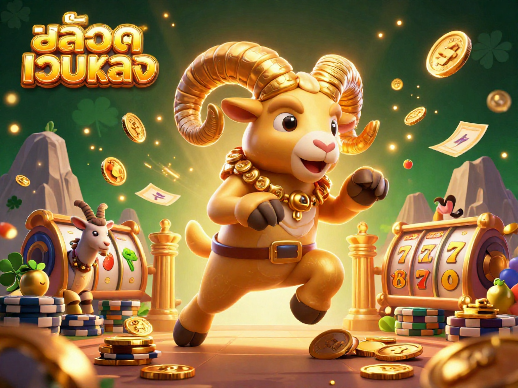Experience the thrill of สล็อตเว็บตรง with a golden ram charging through a dynamic casino setting.