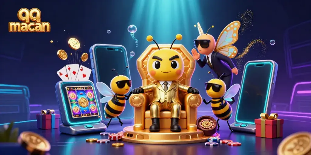 Experience excitement with qq macan in a vibrant casino scene featuring a bee mob boss and gaming elements.