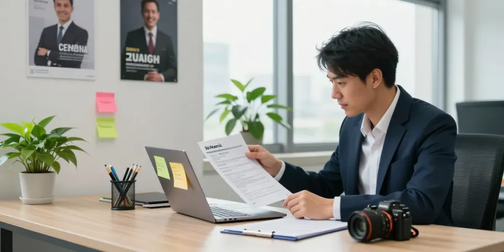 Job seeker reviewing applications while หางาน in a modern office environment.