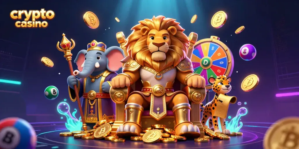 Experience the vibrant world of crypto casino showcasing a lion king, advisor elephant, and messenger cheetah.