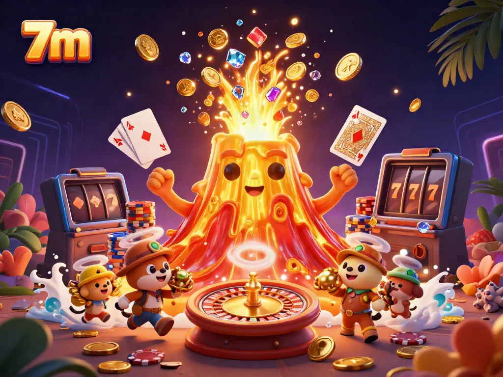 Experience 7m thrilling gaming with a golden volcano, fortune, and colorful casino elements.