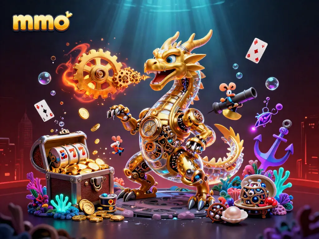 Experience the vibrant mmoo slots world with golden dragon and game elements bursting with rewards.