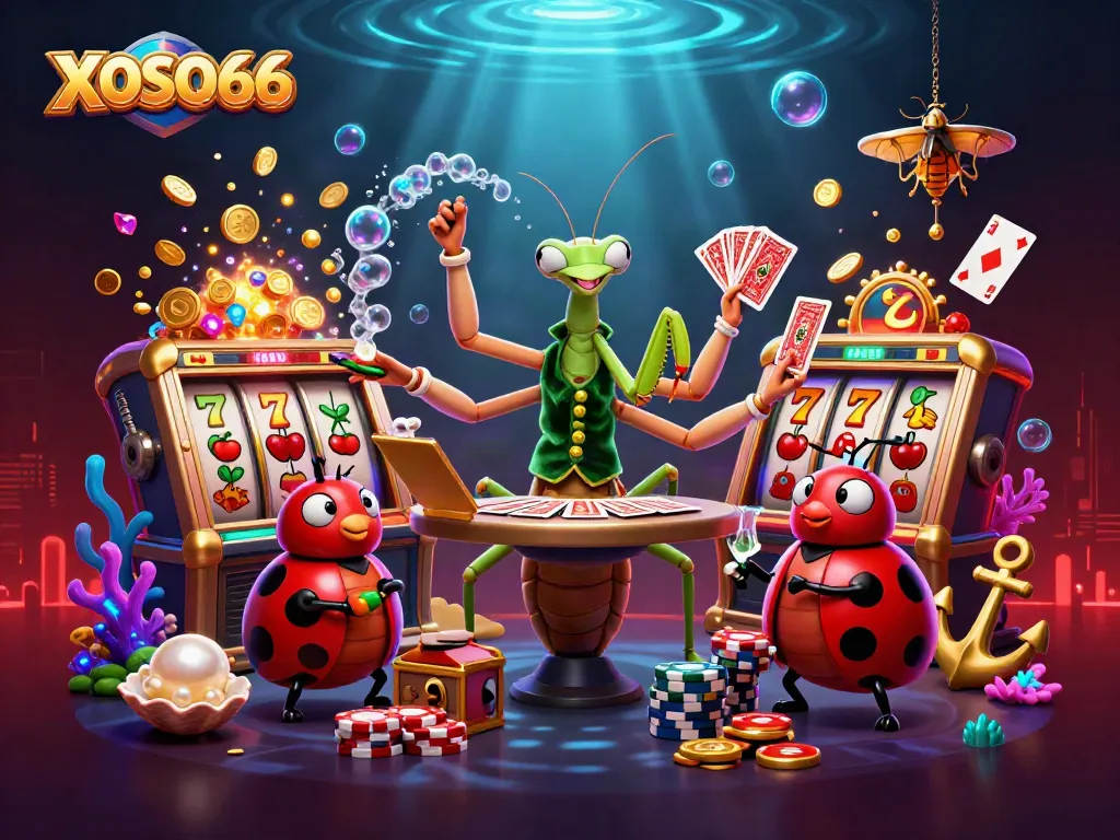 XOSO66 engages players with vibrant 3D casino visuals featuring cards and slot reels.