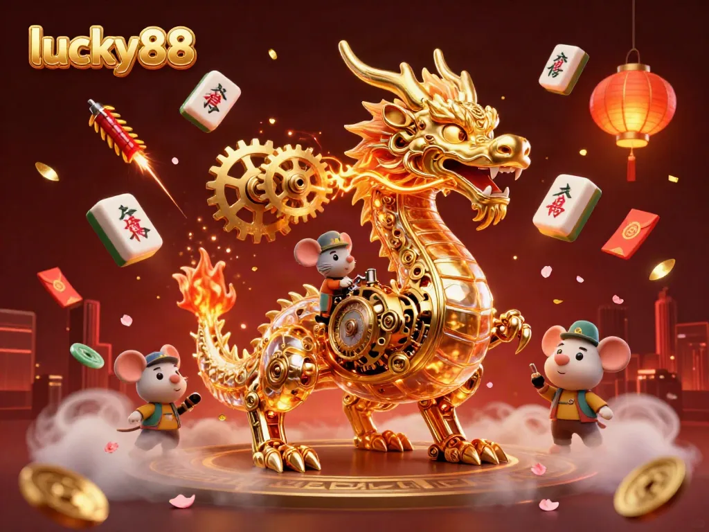 Experience the thrill of lucky88 with a golden dragon breathing gears, surrounded by festive game elements.