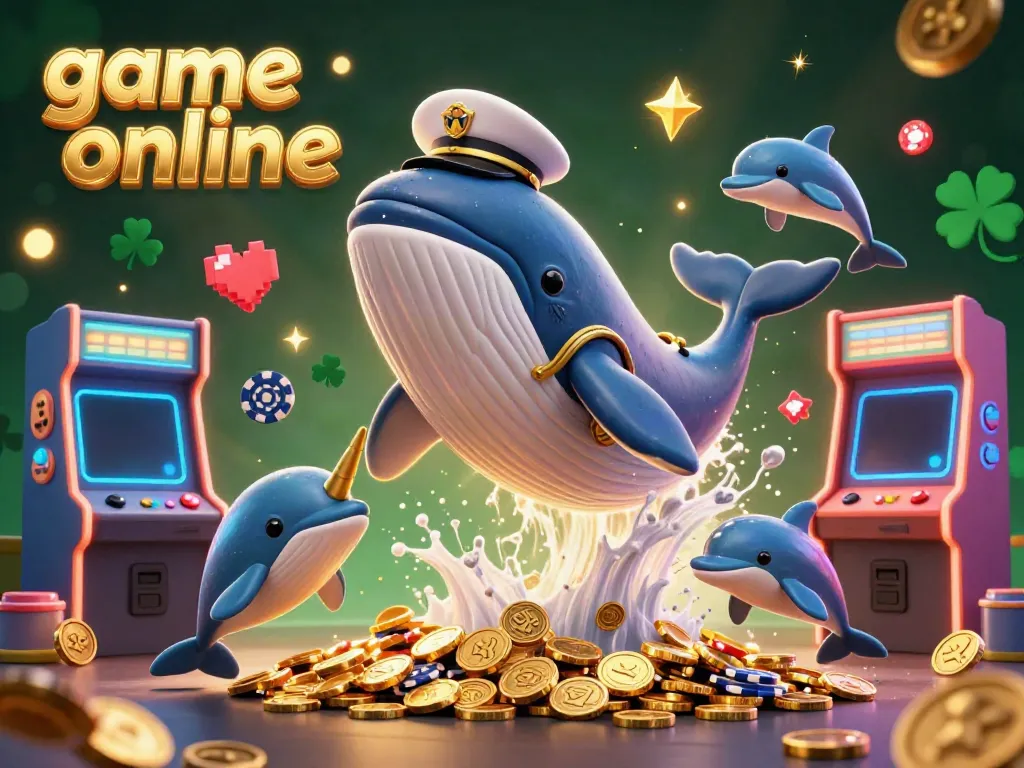 Experience vibrant game online action with a cartoon captain whale, golden narwhal, and dolphin performers.