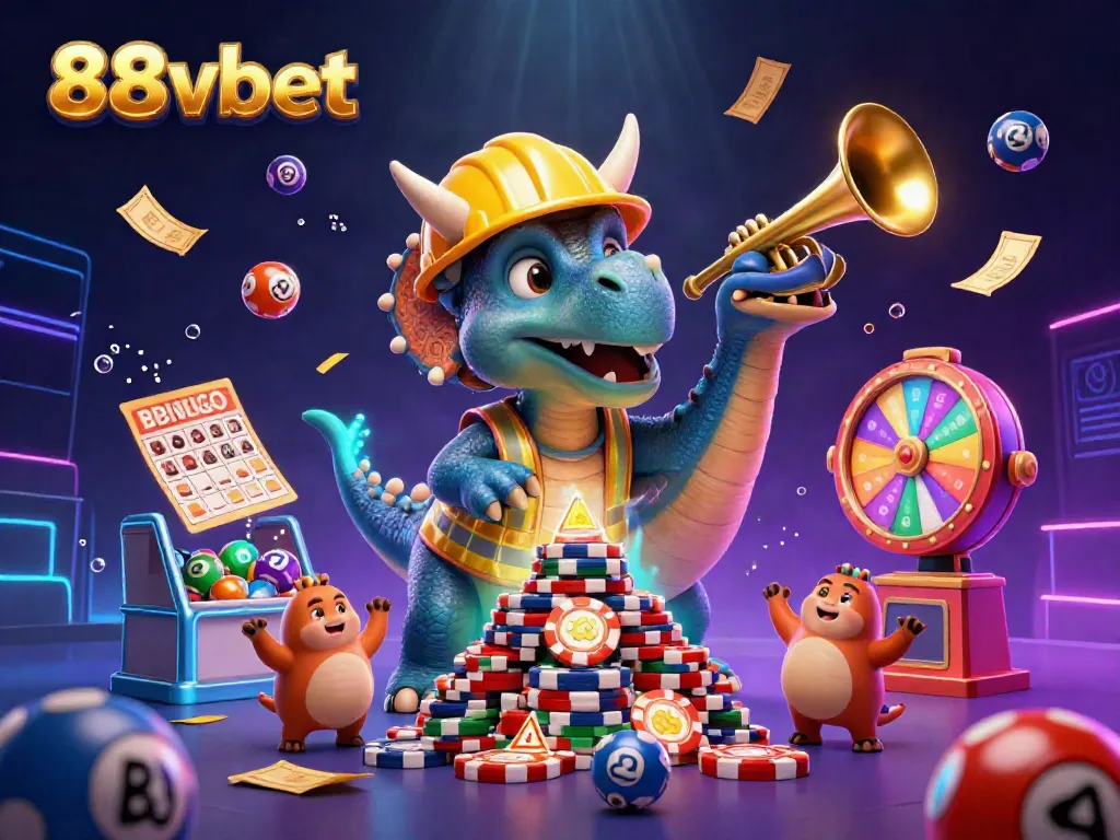 Discover the energetic world of 88vbet with animated characters, lottery elements, and casino games.
