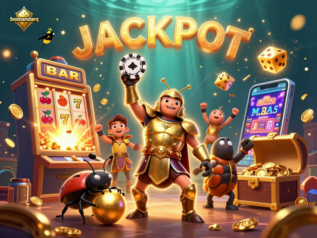 Experience victory with bosbandarq as a beetle lifts a poker chip amidst a jackpot explosion.