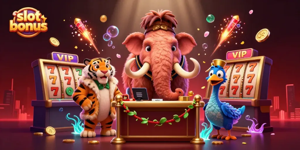 Engaging slot bonus illustration showcasing a woolly mammoth bouncer, saber-tooth tiger VIP, and dodo bird doorman amidst dynamic casino elements.