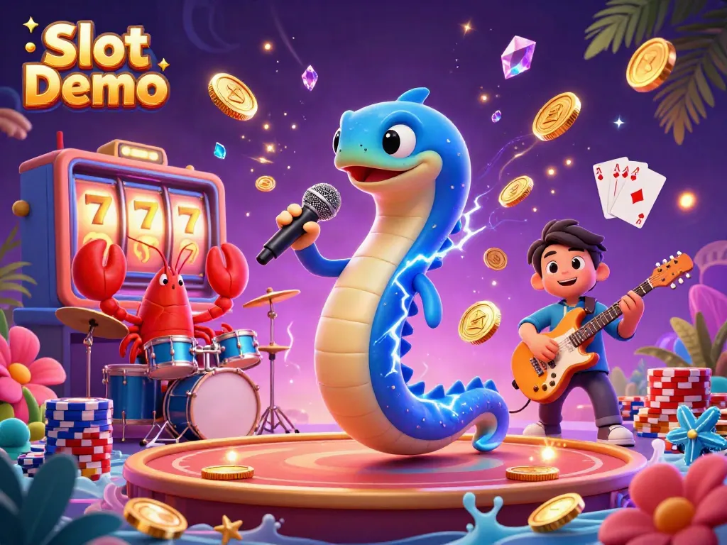Engage with Slot Demo's vibrant 3D casino illustration featuring characters performing amidst dazzling slot elements.