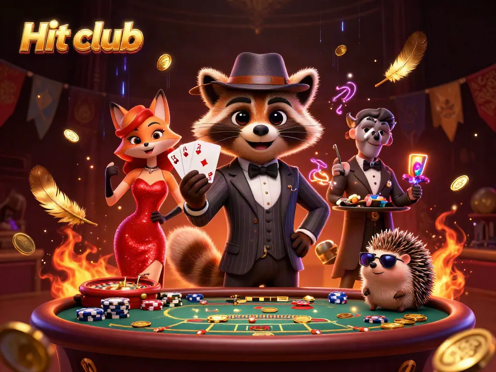 Experience the thrill of Hit club with a suave raccoon and captivating fox in a vibrant casino scene.