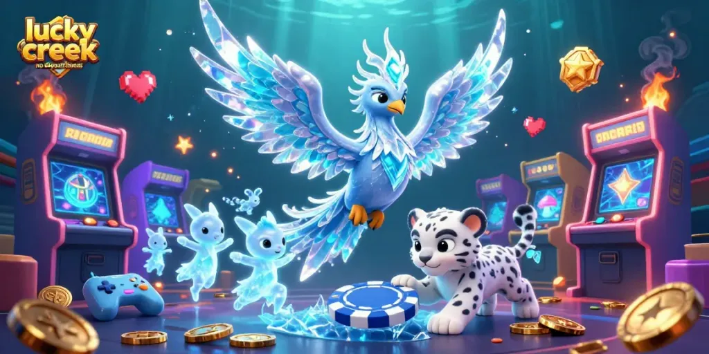 Experience the lucky creek no deposit bonus with a vibrant casino-themed scene featuring an ice phoenix and interactive game elements.