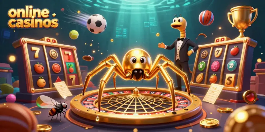Experience thrilling online casinos with a golden roulette wheel web, featuring unique characters and vibrant game elements.