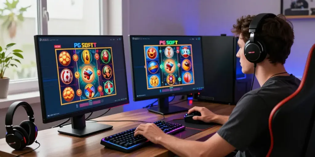 Engaging with PG SOFT slots on a modern gaming setup in a vibrant home office while exploring situs slot gacor thailand.