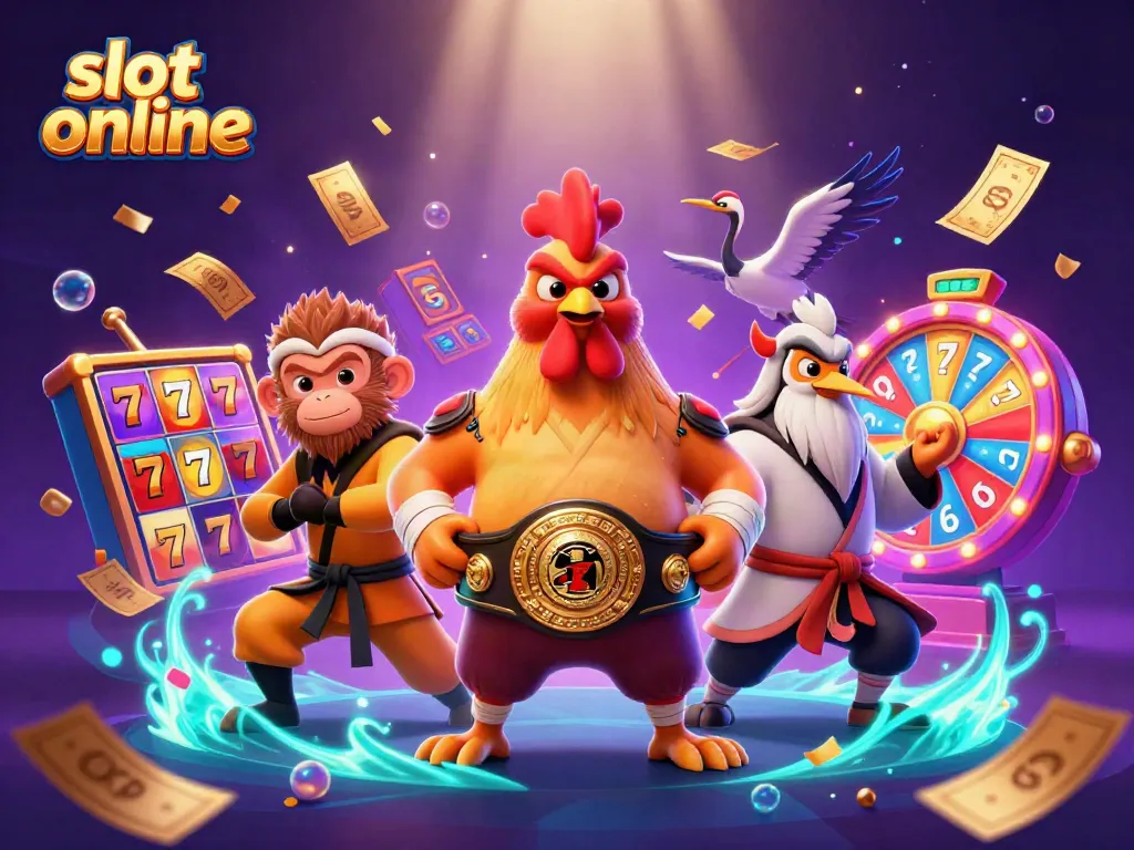 Engage with slot online excitement featuring a Muay Thai rooster, Shaolin monkey, and crane master amidst dynamic slot elements.