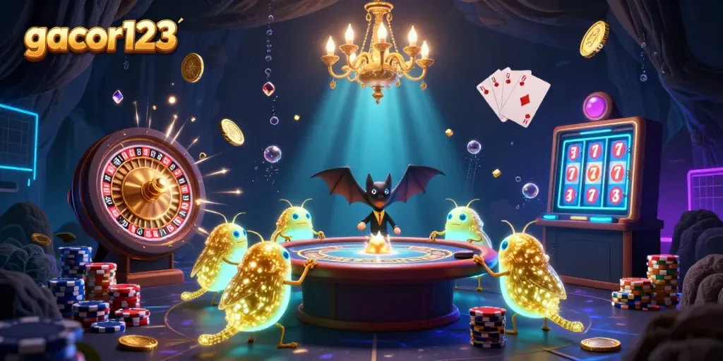 Experience the thrilling glow of gacor123's casino atmosphere with vibrant creatures illuminating the gaming floor.