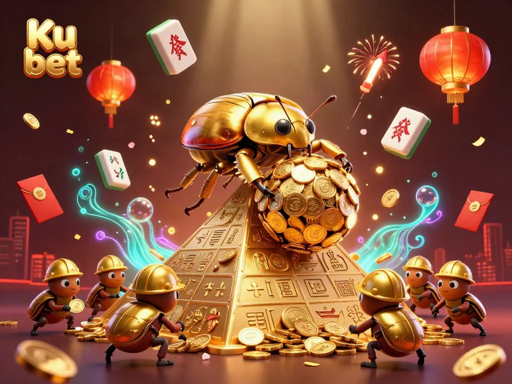 Engage in exciting gaming adventures with Ku bet as golden beetles showcase a dynamic casino scene.