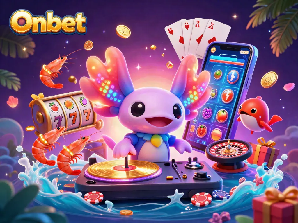 Onbet features lively slot reels and vibrant characters in a casino atmosphere, illustrating winning strategies.