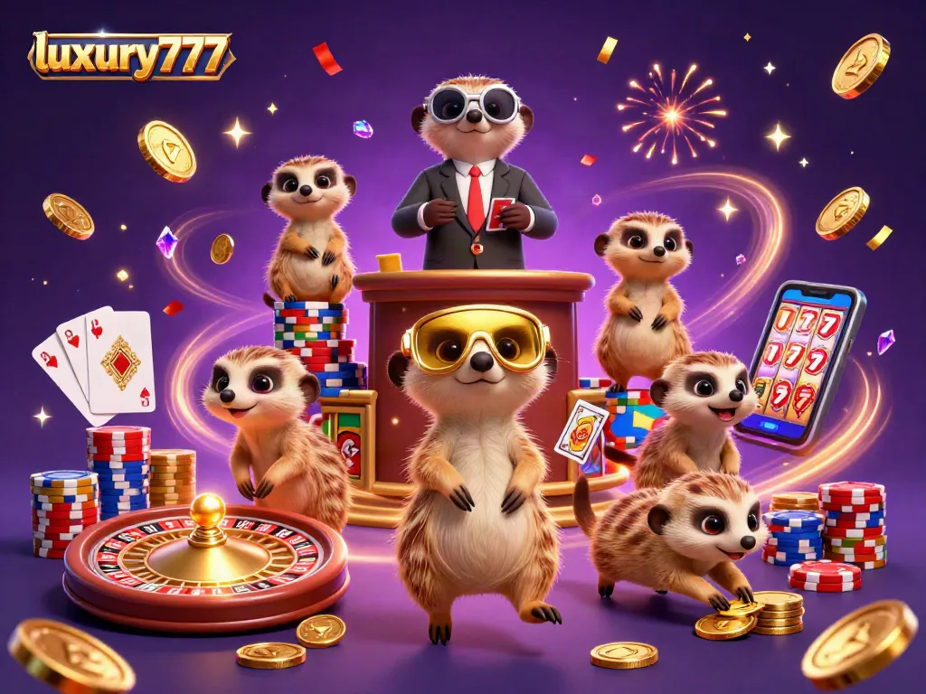 Experience thrilling gameplay at luxury777 with charming meerkats running the casino under flashing lights.