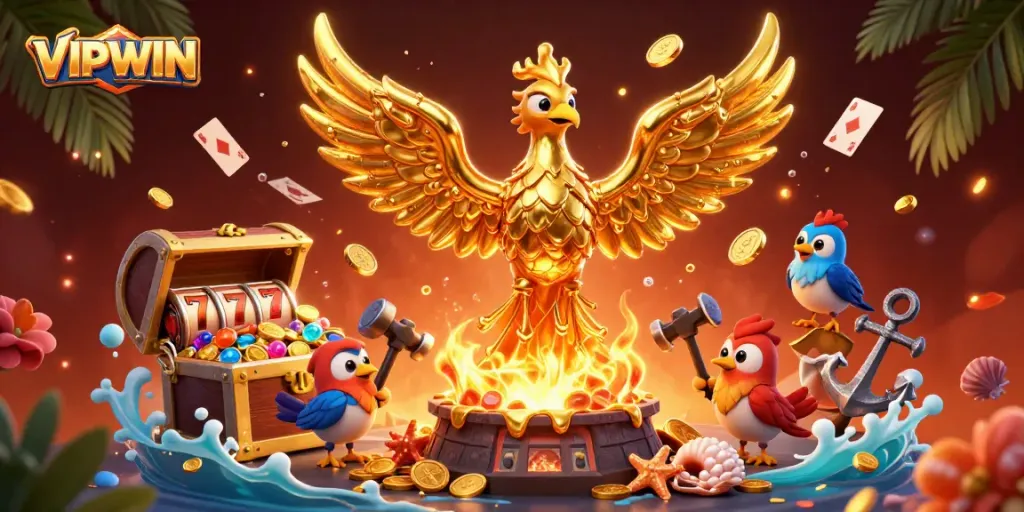VIPWIN illuminates winning chances with a molten metal phoenix and dynamic casino elements.